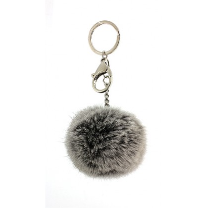 Key Chain - 12 PCS - Rabbit Fur Pom Pom - Gray - KC-YQ001GY